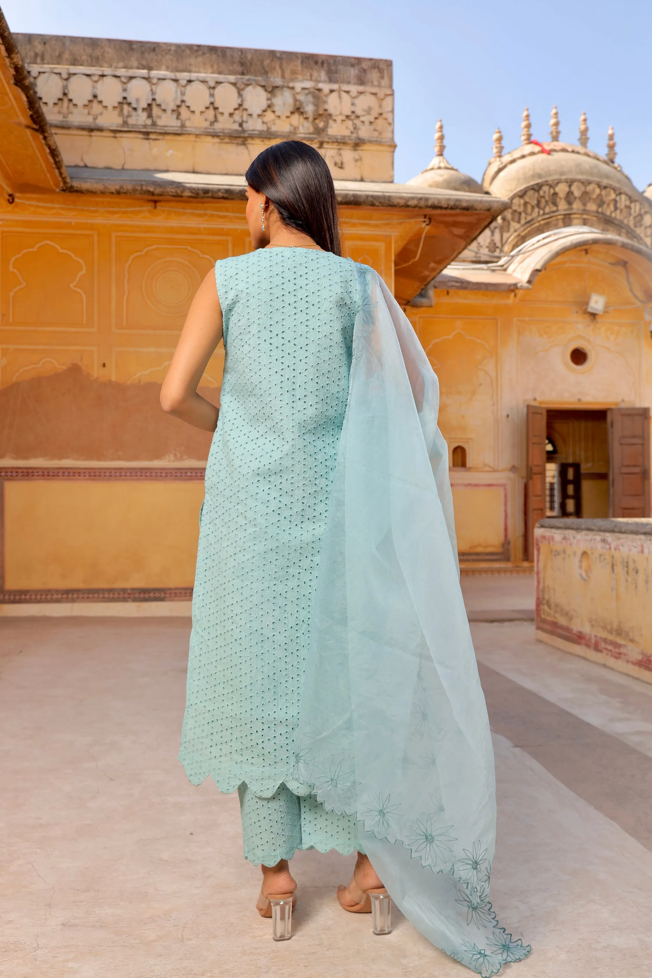 Mint Shiffly chikankari cotton straight set