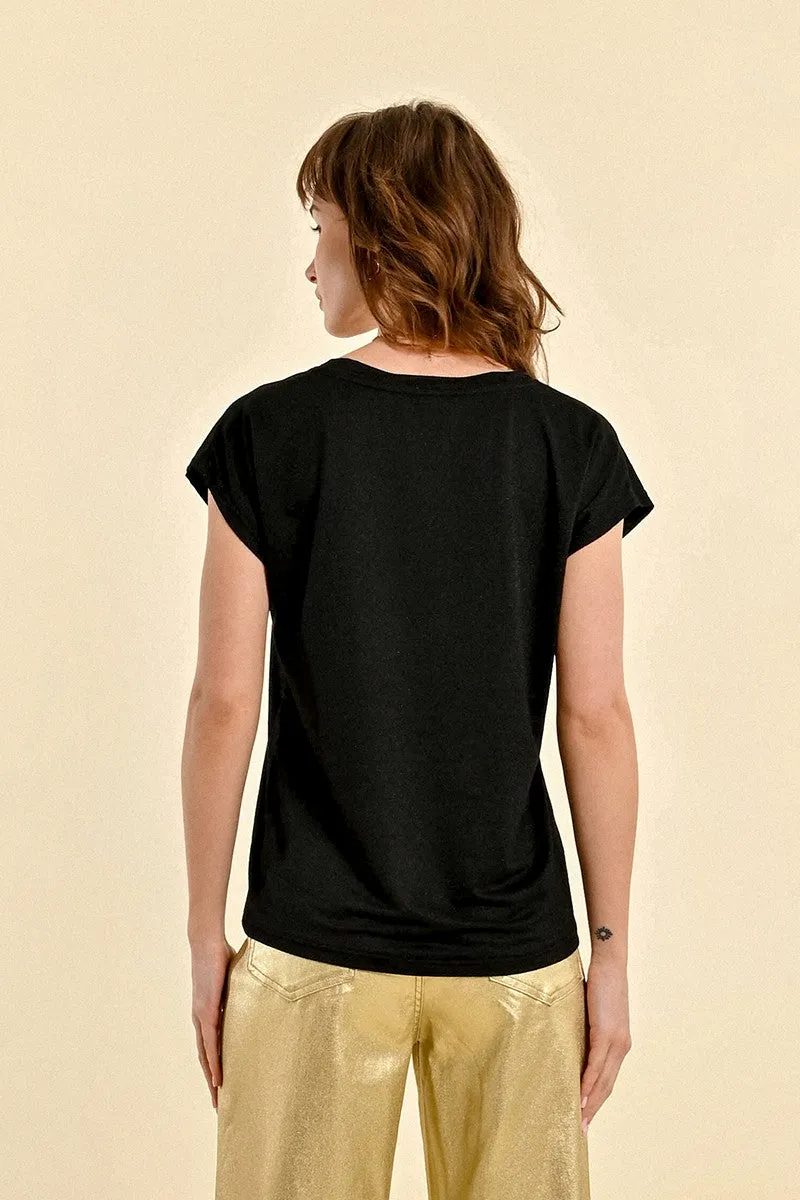 Molly Bracken Black Lurex V-Neck T-shirt