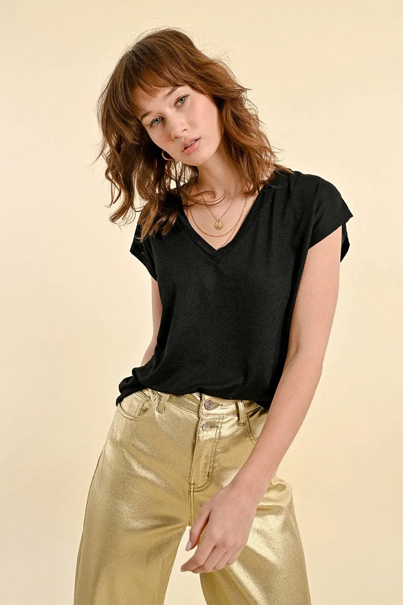 Molly Bracken Black Lurex V-Neck T-shirt