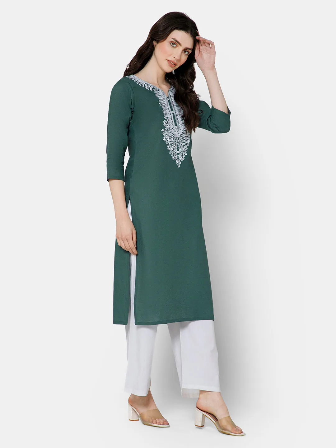 Mythri Women's Casual Kurthi with Elaborately Embroidered Neckline - Green - E027