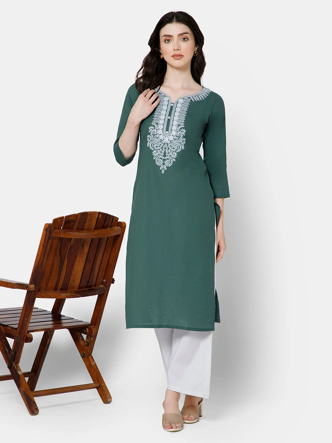 Mythri Women's Casual Kurthi with Elaborately Embroidered Neckline - Green - E027