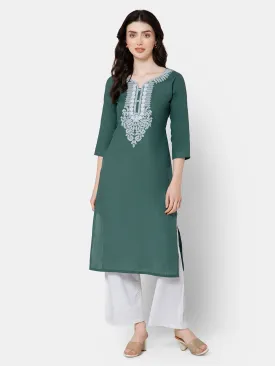 Mythri Women's Casual Kurthi with Elaborately Embroidered Neckline - Green - E027