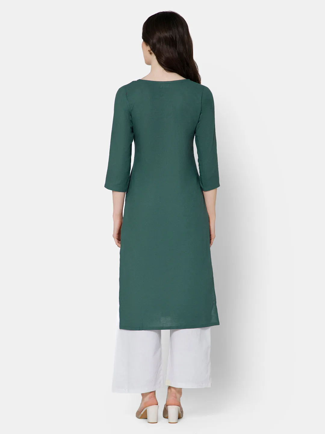 Mythri Women's Casual Kurthi with Elaborately Embroidered Neckline - Green - E027