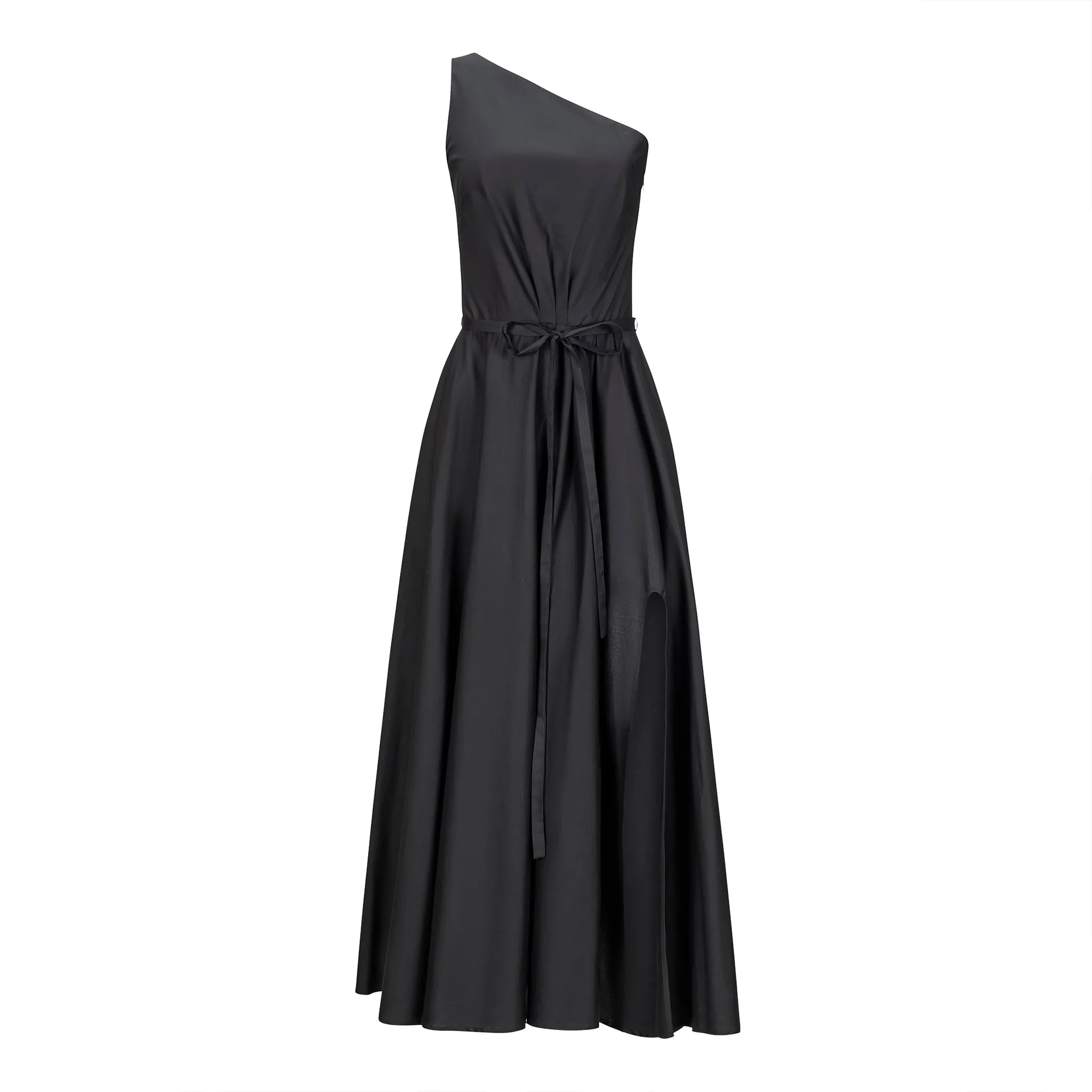 One Shoulder Belted Midi Dress - Black