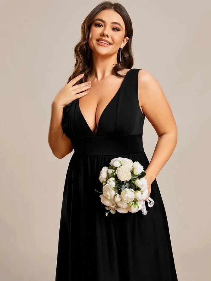 Plus High Low Deep V Neck Sleeveless Plus Size Evening Dress