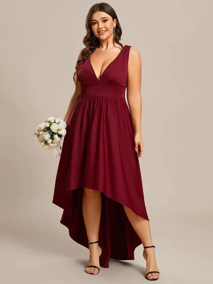 Plus High Low Deep V Neck Sleeveless Plus Size Evening Dress