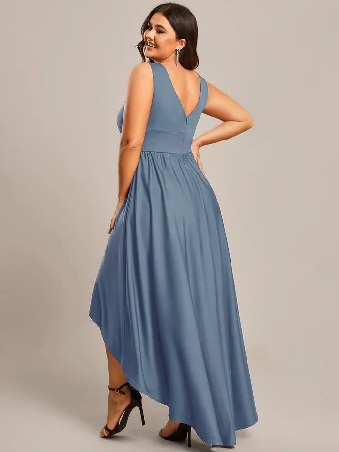 Plus High Low Deep V Neck Sleeveless Plus Size Evening Dress