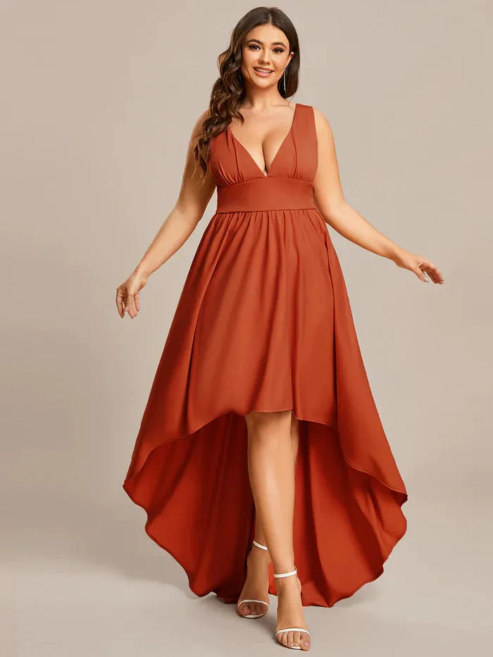 Plus High Low Deep V Neck Sleeveless Plus Size Evening Dress