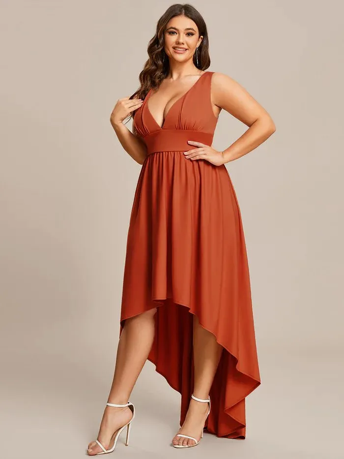 Plus High Low Deep V Neck Sleeveless Plus Size Evening Dress