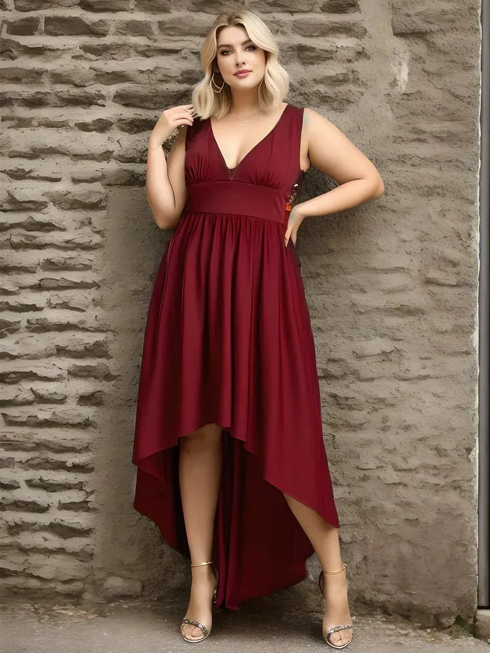 Plus High Low Deep V Neck Sleeveless Plus Size Evening Dress