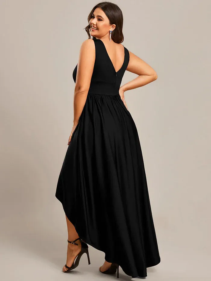 Plus High Low Deep V Neck Sleeveless Plus Size Evening Dress