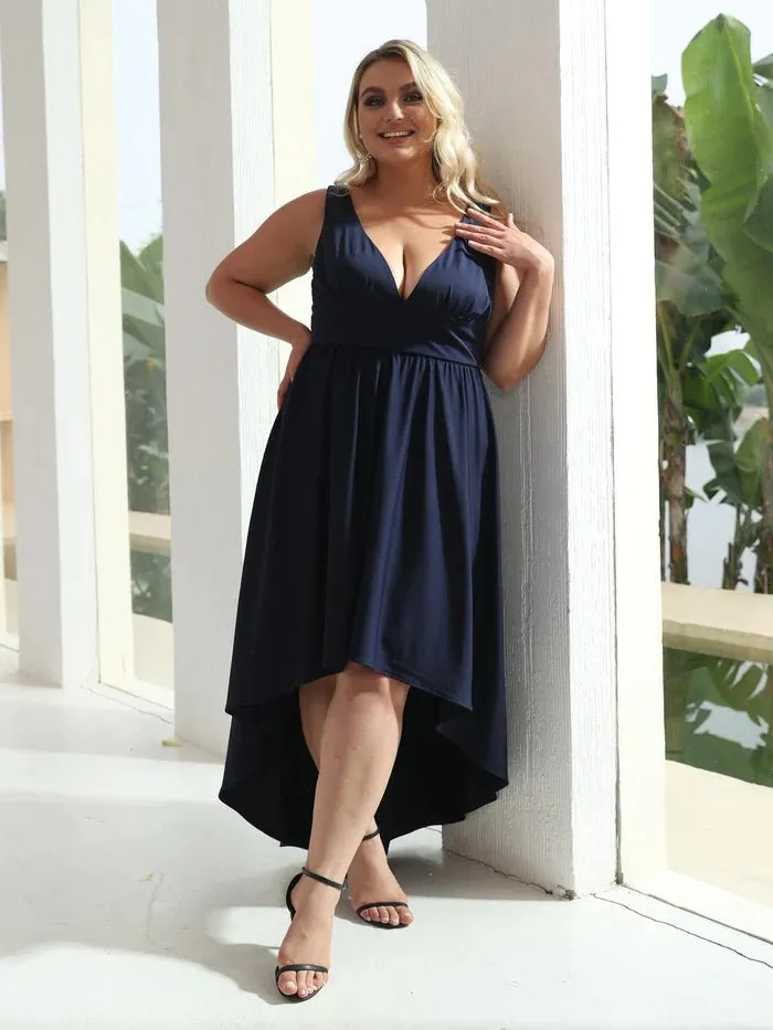 Plus High Low Deep V Neck Sleeveless Plus Size Evening Dress