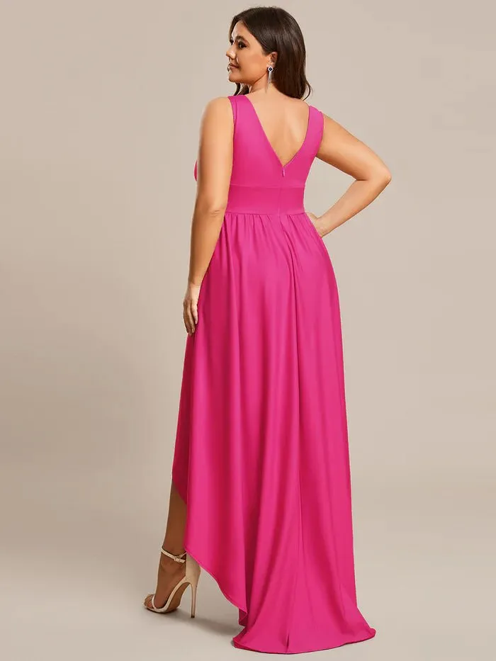 Plus High Low Deep V Neck Sleeveless Plus Size Evening Dress