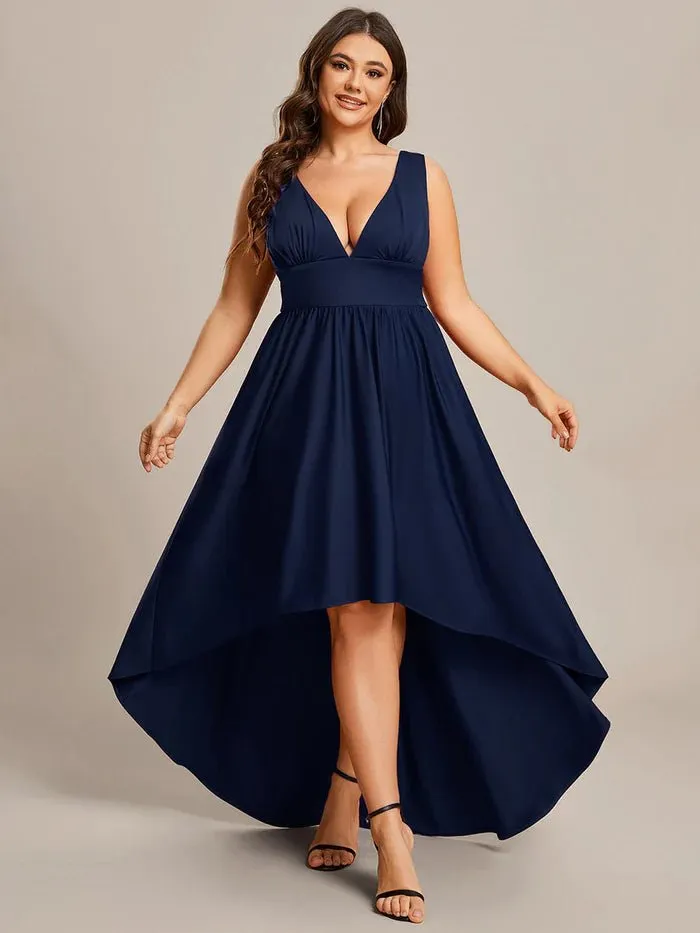 Plus High Low Deep V Neck Sleeveless Plus Size Evening Dress