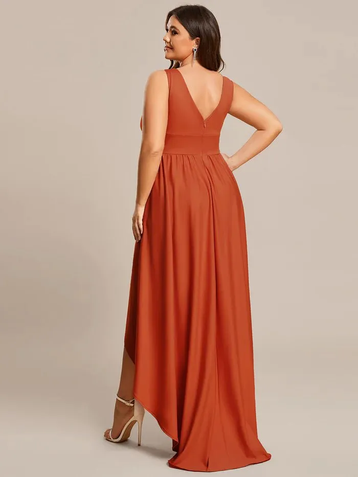 Plus High Low Deep V Neck Sleeveless Plus Size Evening Dress