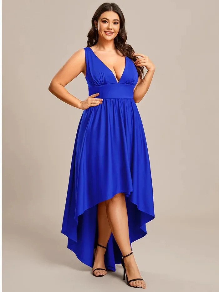 Plus High Low Deep V Neck Sleeveless Plus Size Evening Dress