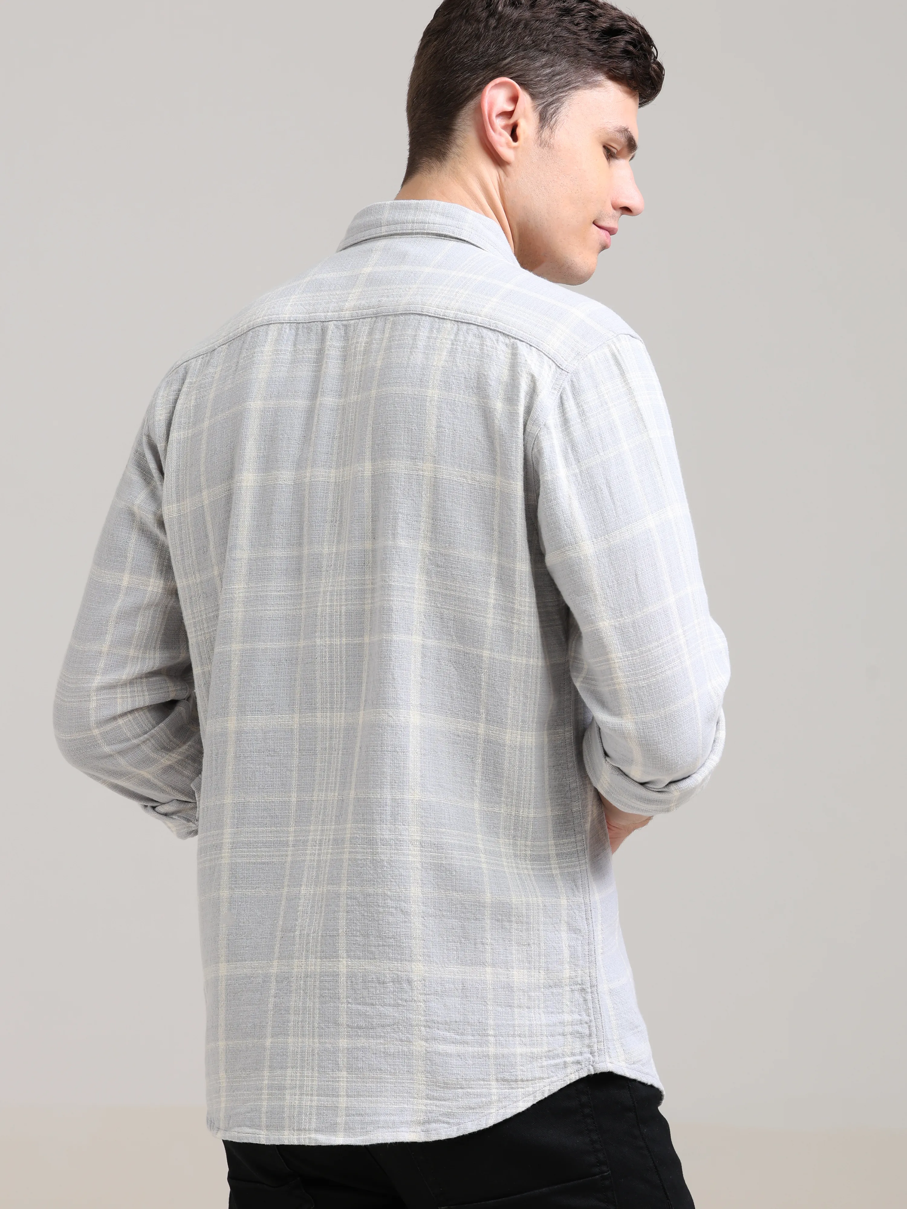 Pure Cotton Lavender Spread Collar Check Shirt