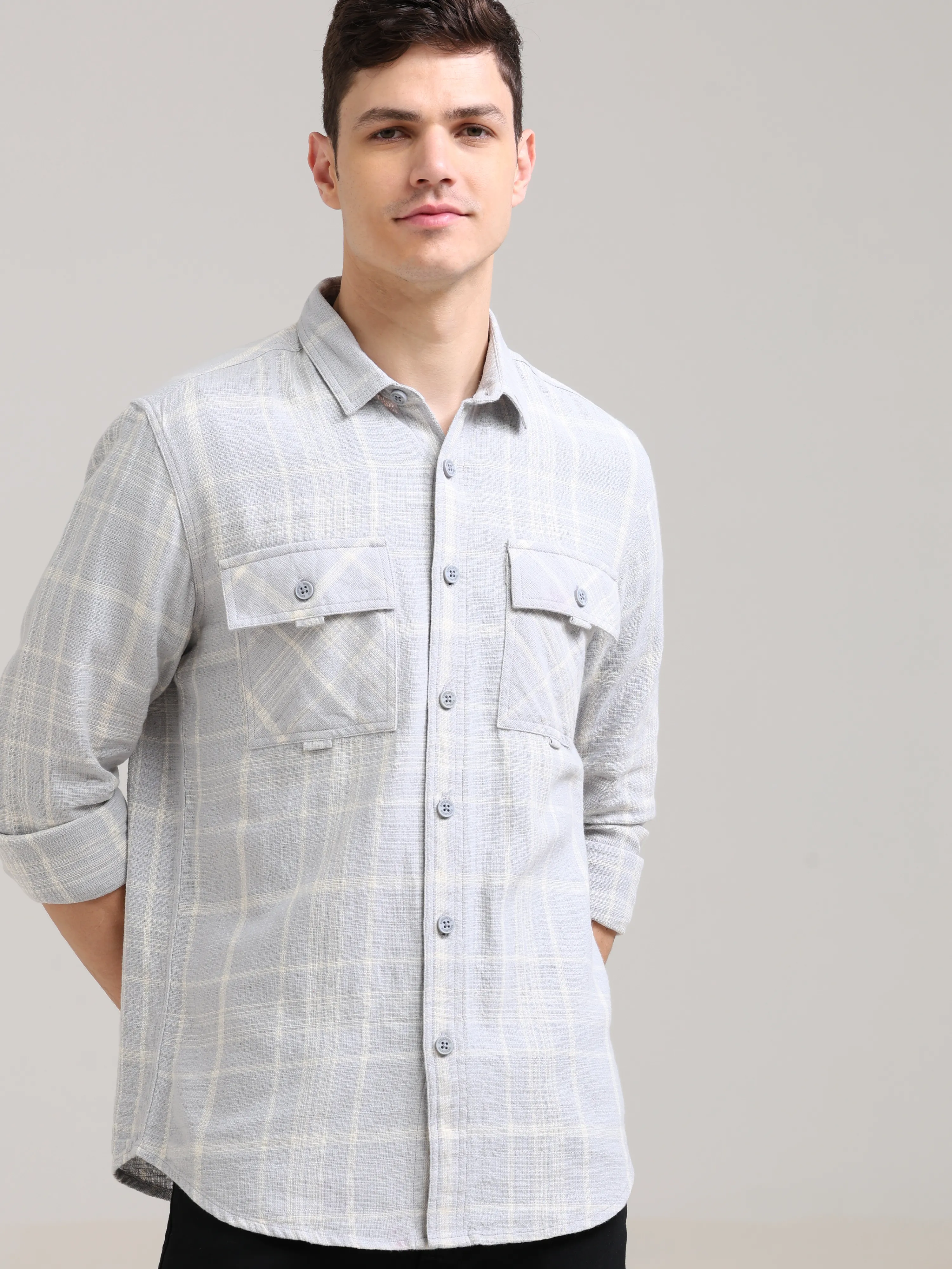 Pure Cotton Lavender Spread Collar Check Shirt