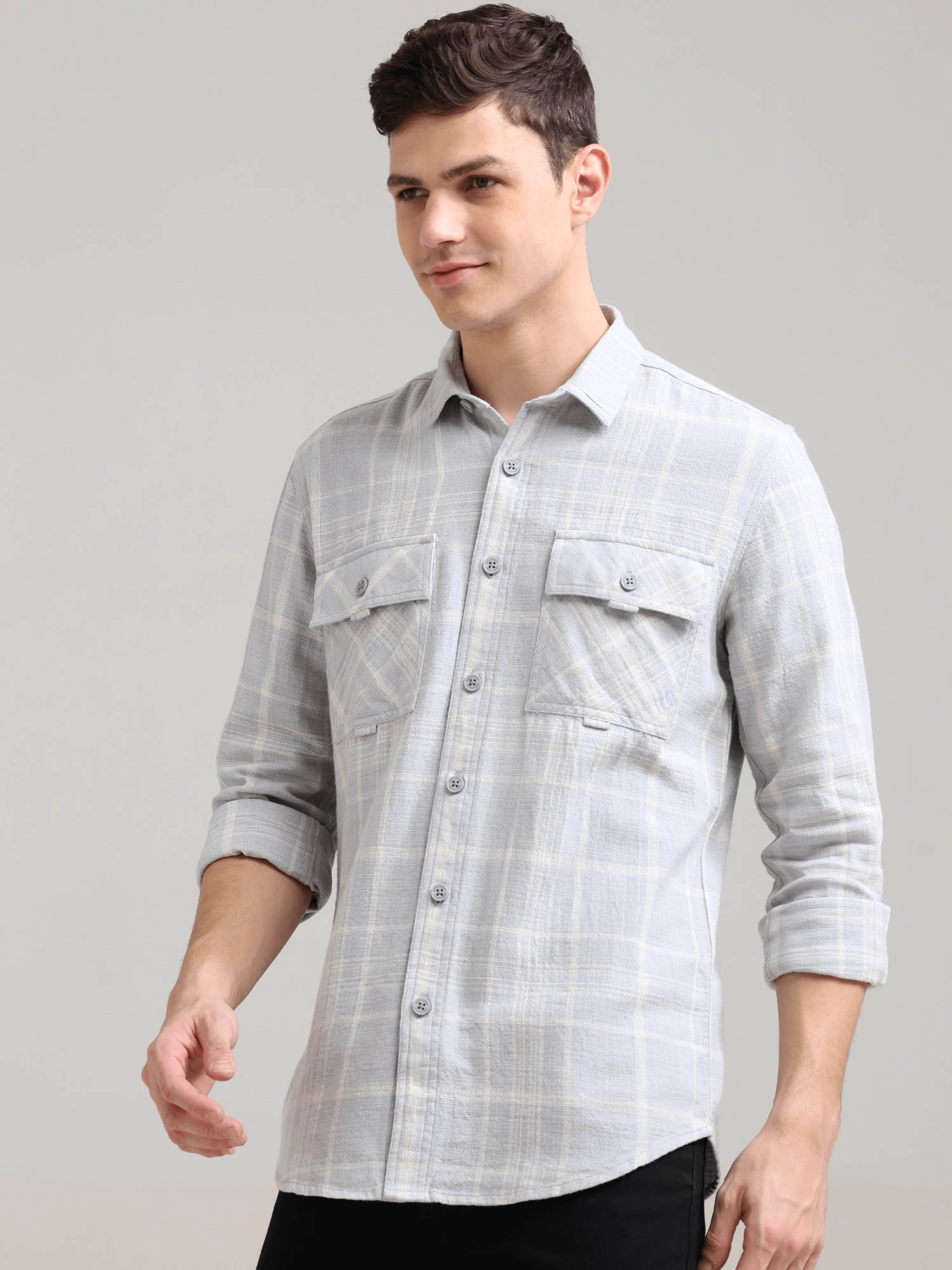 Pure Cotton Lavender Spread Collar Check Shirt