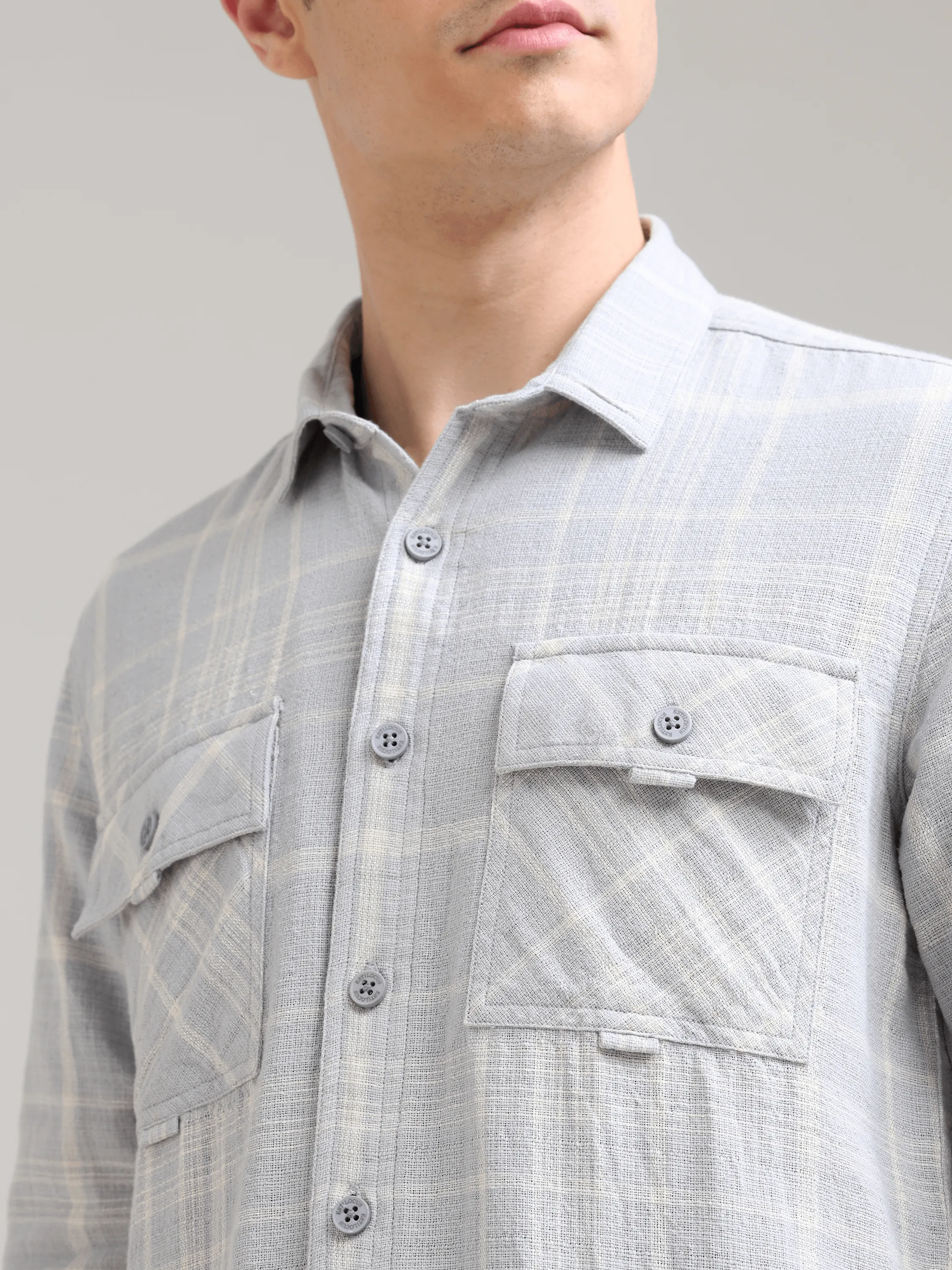 Pure Cotton Lavender Spread Collar Check Shirt