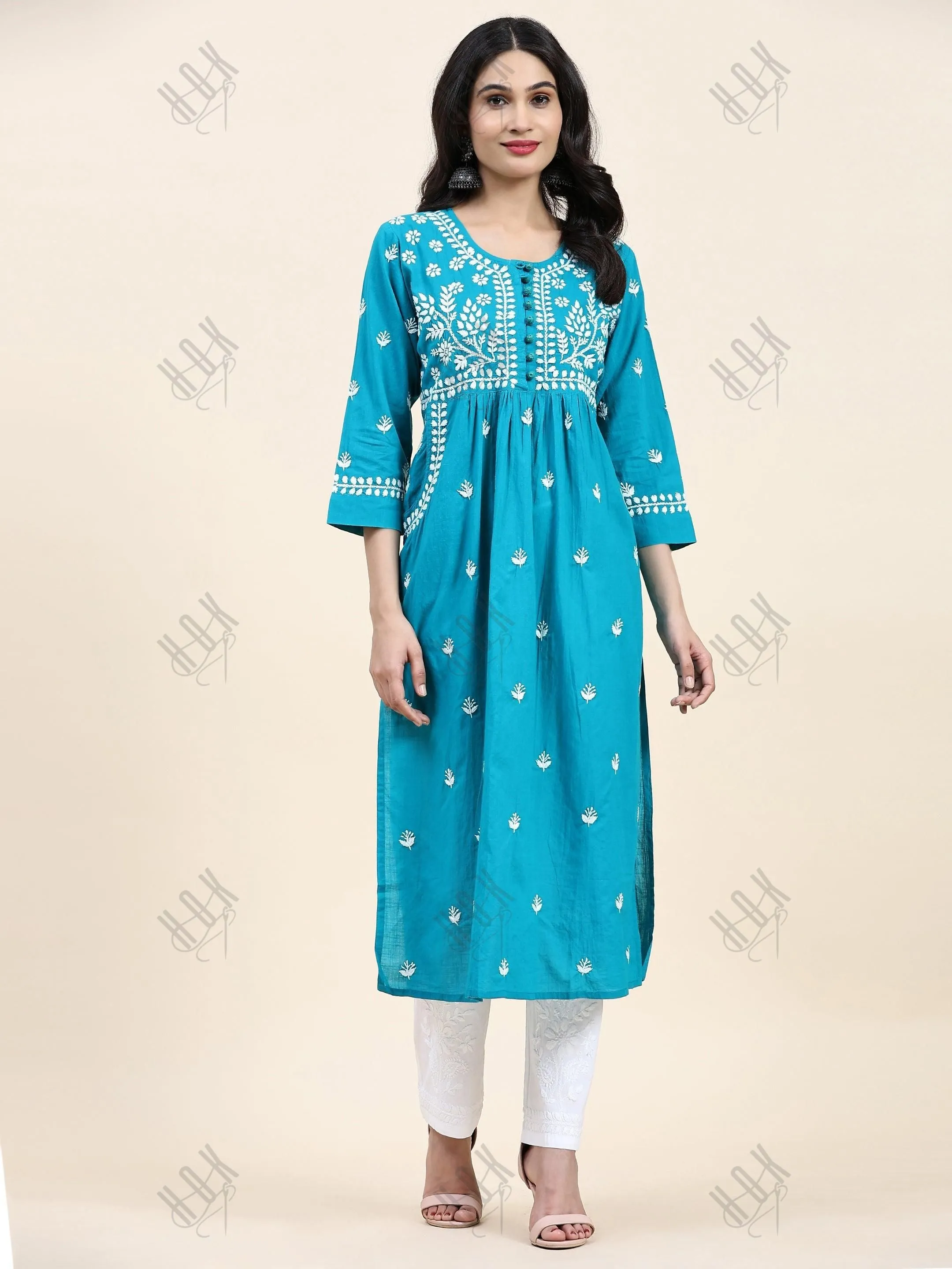 Samma Chikankari Long kurti In Cotton  for Women- Sea Green