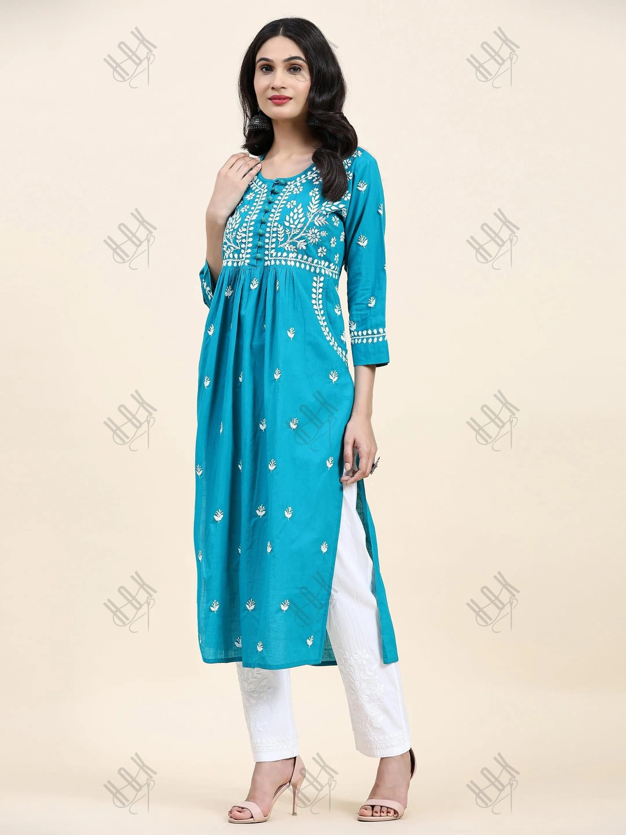 Samma Chikankari Long kurti In Cotton  for Women- Sea Green