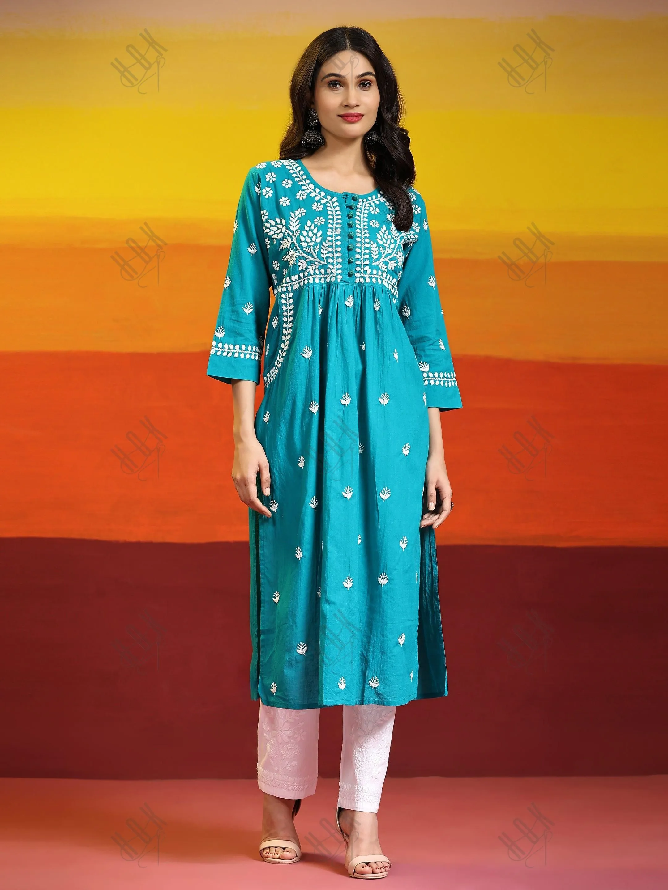 Samma Chikankari Long kurti In Cotton  for Women- Sea Green