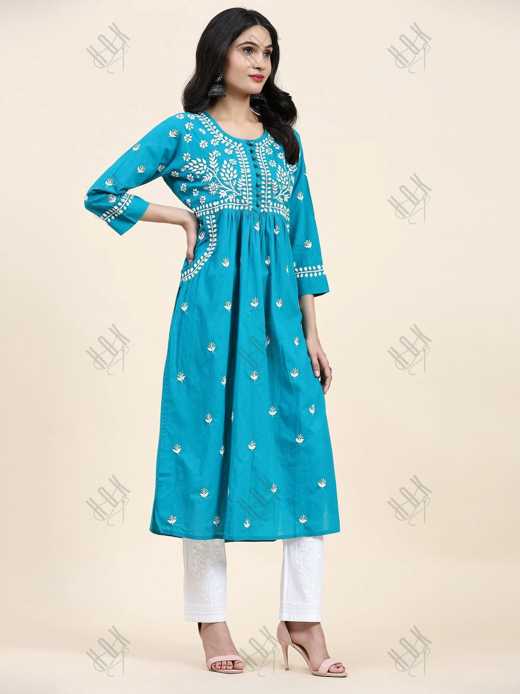 Samma Chikankari Long kurti In Cotton  for Women- Sea Green