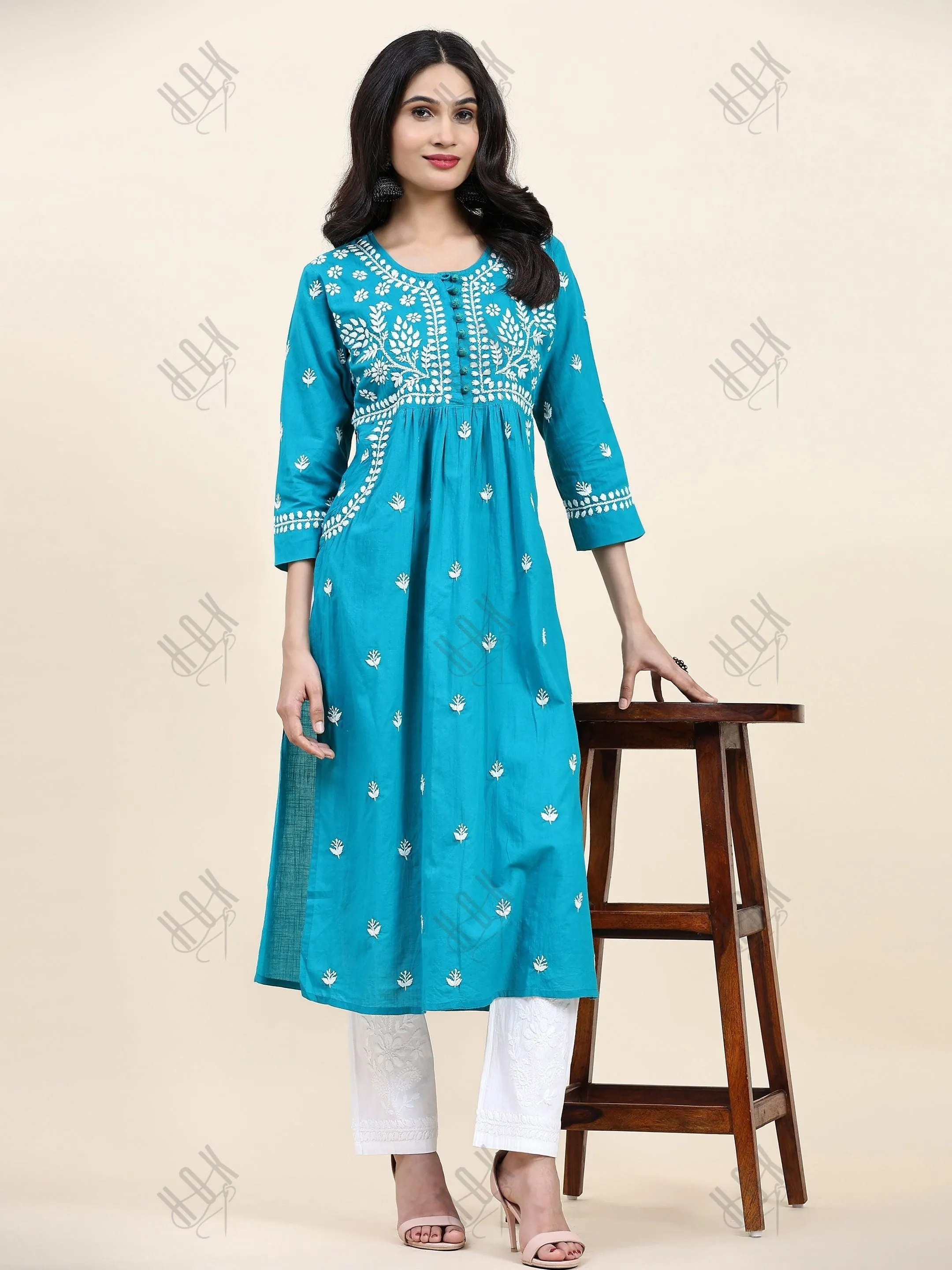 Samma Chikankari Long kurti In Cotton  for Women- Sea Green