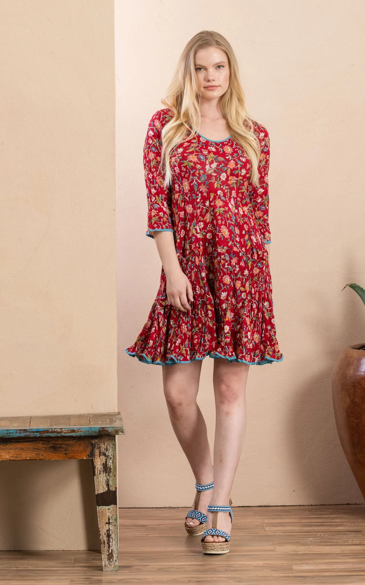 Santa Fe Dress, Short, 3/4 sleeve, Wildflower Red