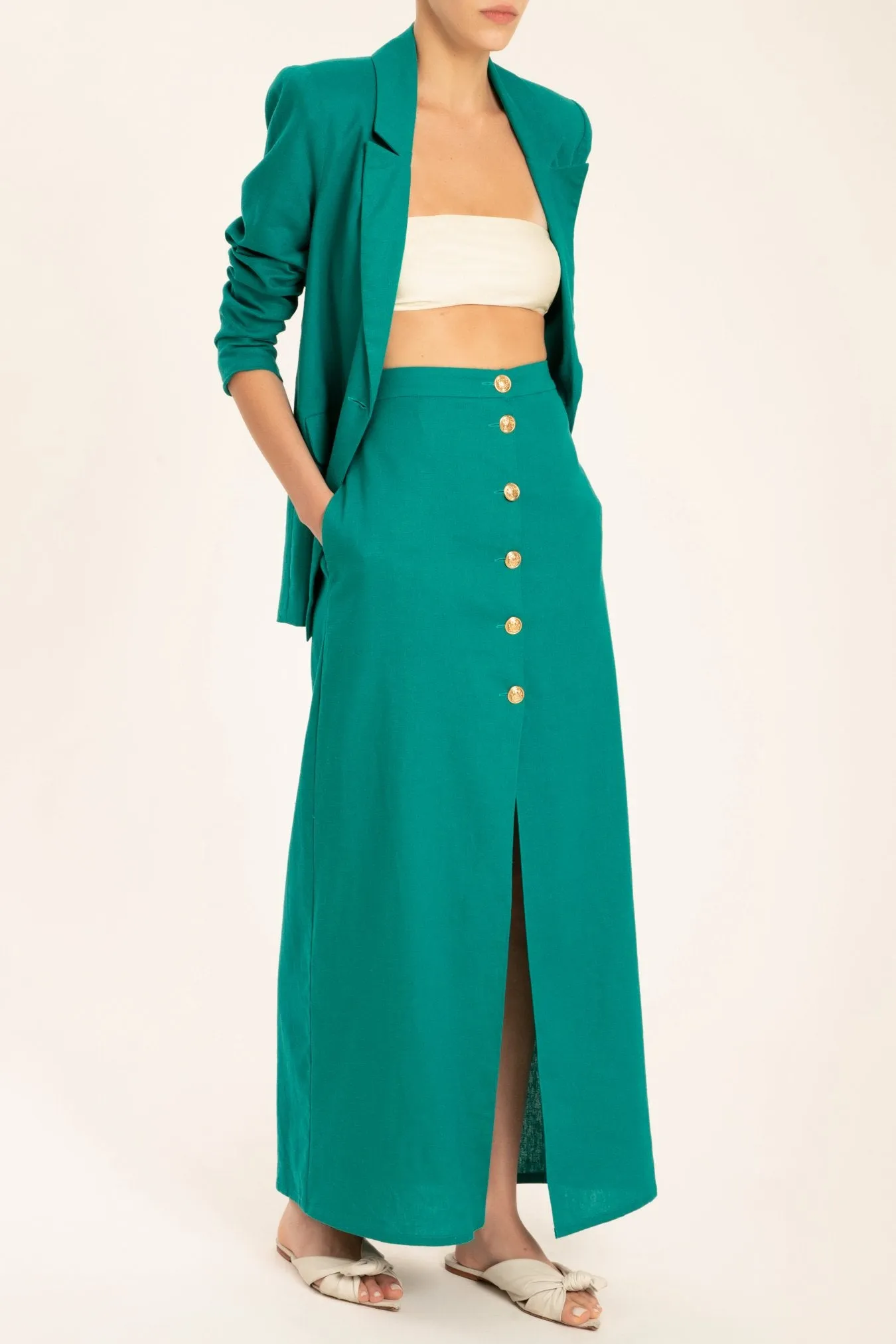 Solid Long Buttoned Skirt With Front Slit