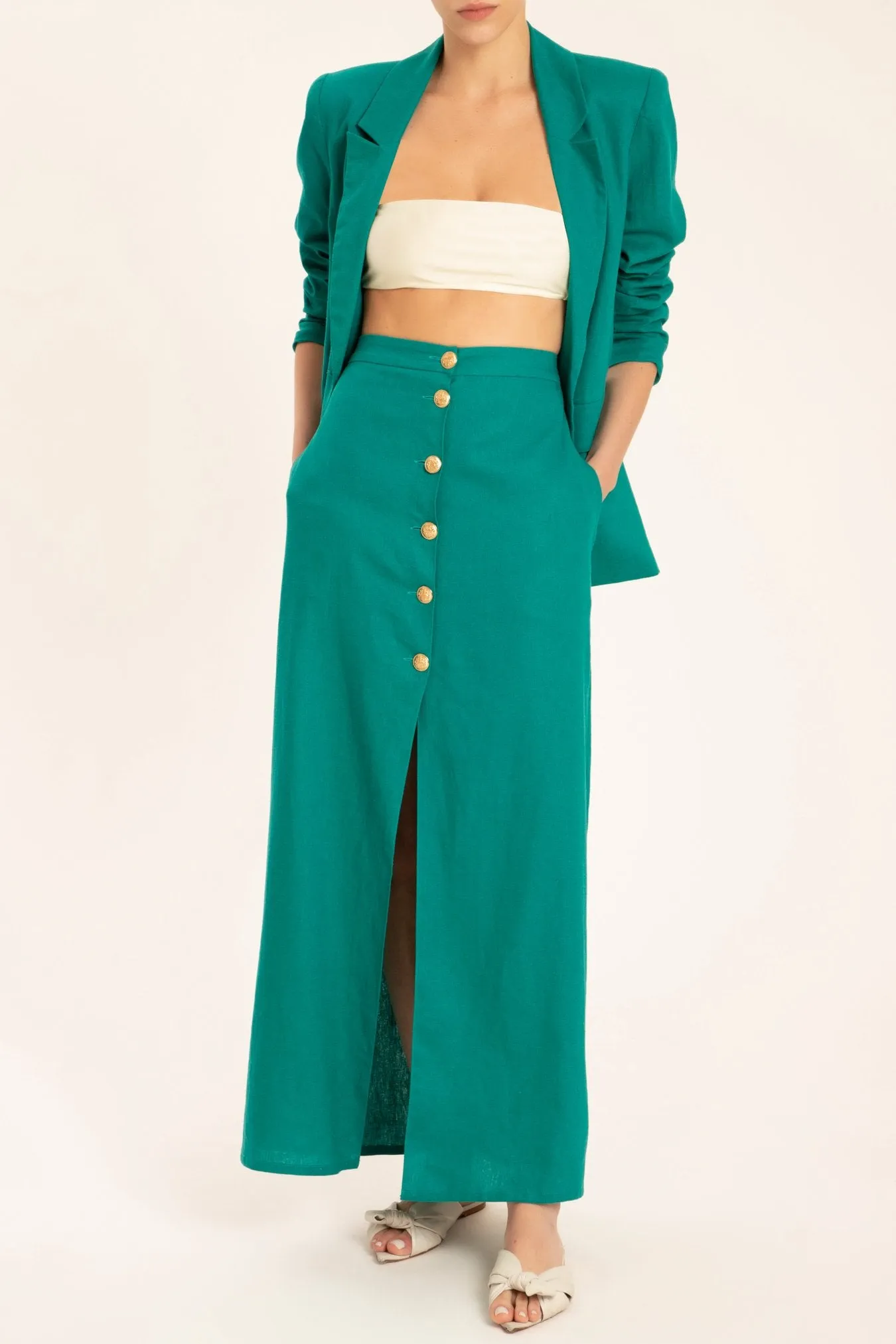 Solid Long Buttoned Skirt With Front Slit