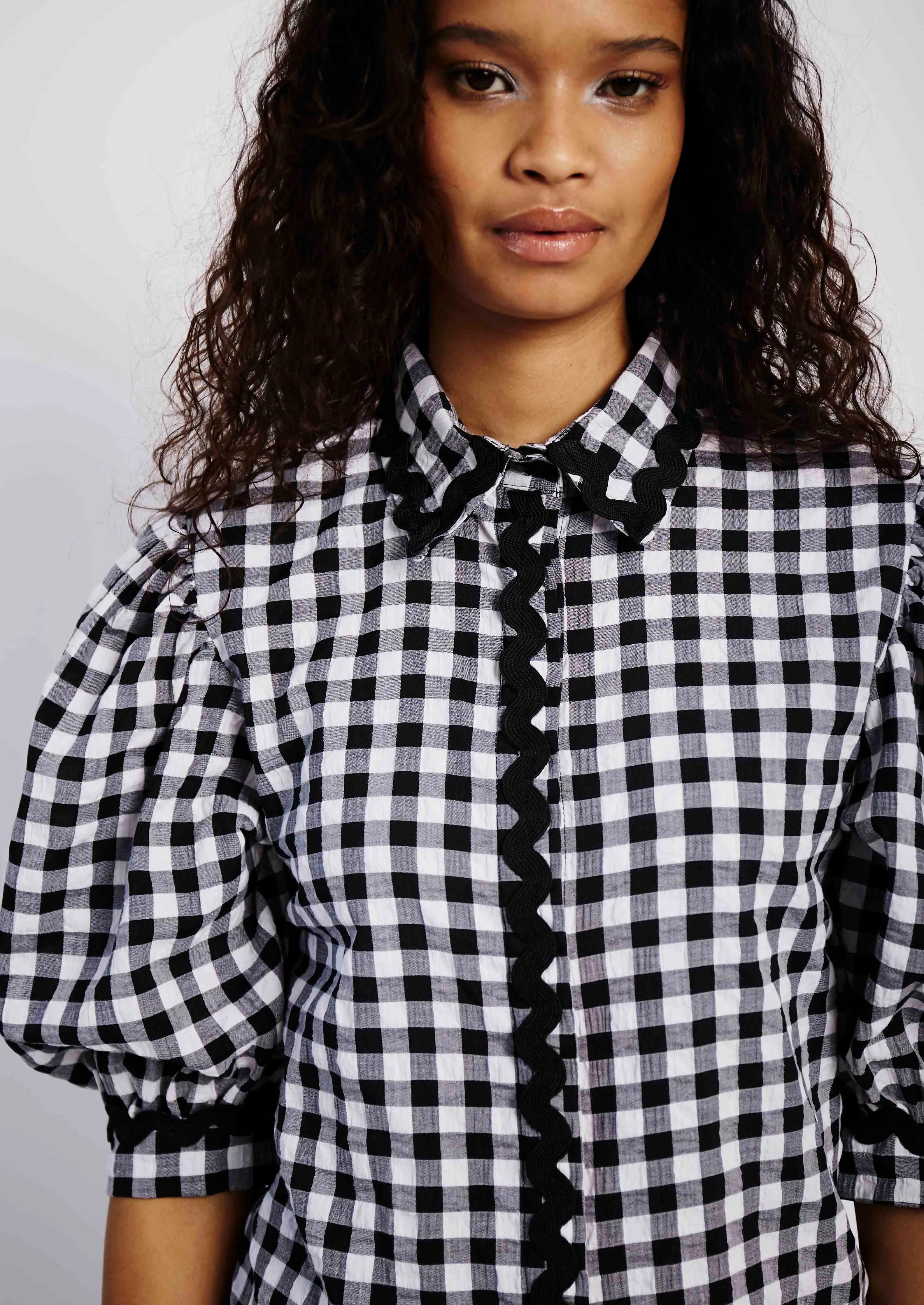 The Frankie Shirt with Ric Rac Detail in Black & White Gingham