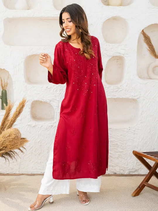 Ulfat Rayon Chikankari & Mukaish Straight Kurti