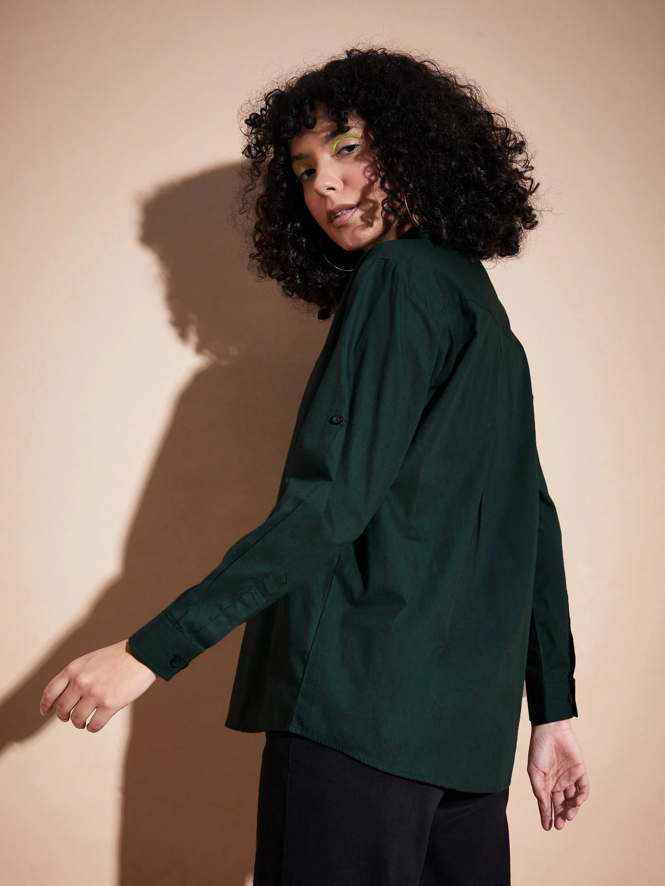 Women Green Poplin Oversized Shirt