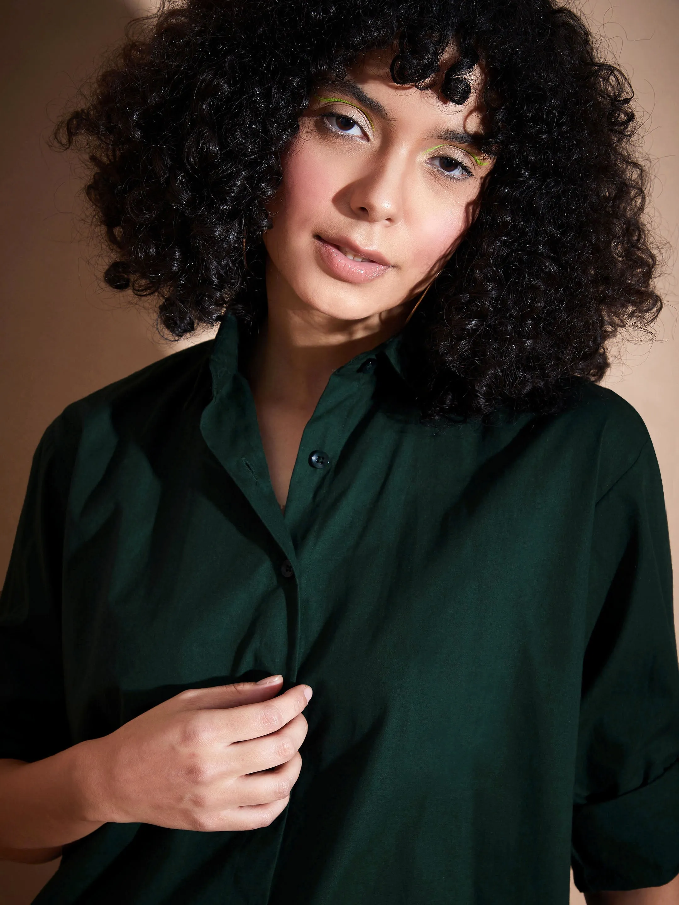 Women Green Poplin Oversized Shirt