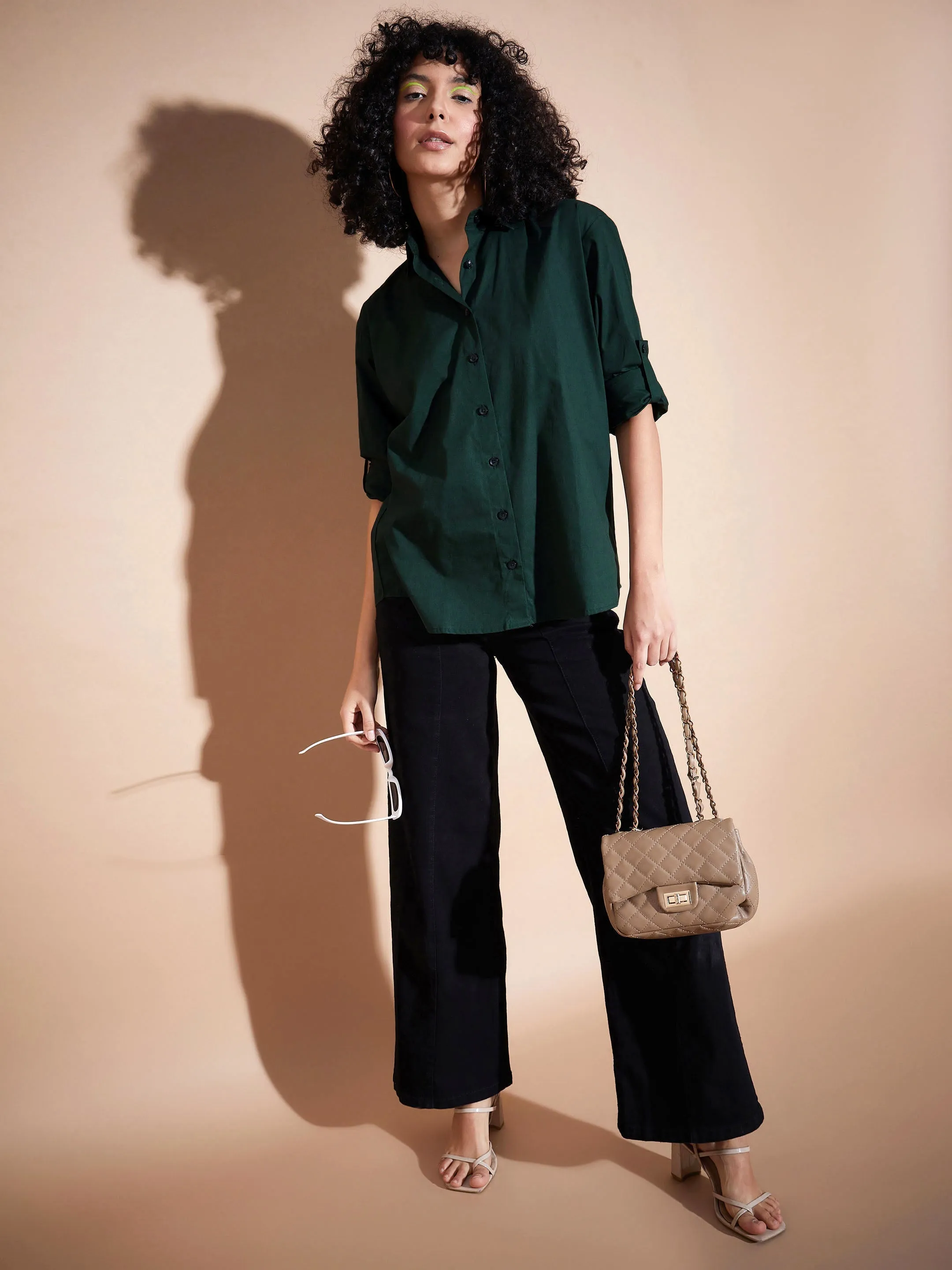 Women Green Poplin Oversized Shirt