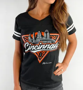 Women's Cincinnati Football Stripe V Neck