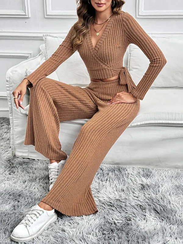 Women's Ribbed Loungewear Set With Cropped Crossover Top and Wide Leg Trousers