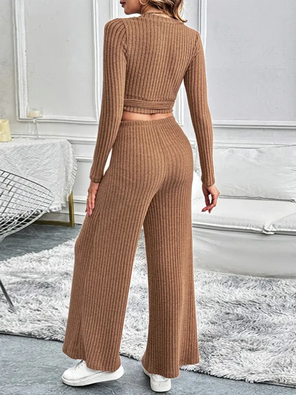 Women's Ribbed Loungewear Set With Cropped Crossover Top and Wide Leg Trousers